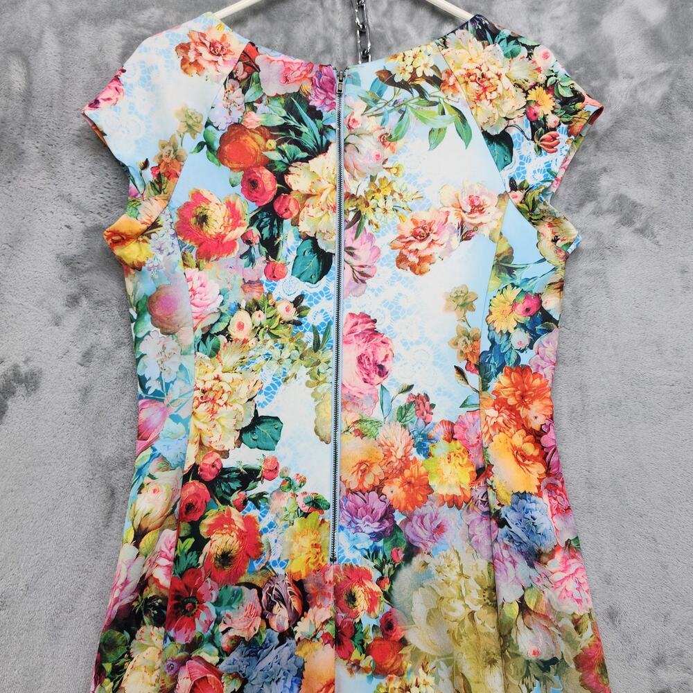 Vintage Beige by ECI Dress Womens M Floral Stretch Back Zip Cap Sleeve Sheath - Picture 4 of 12